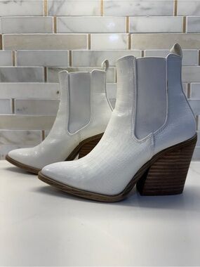 White Croc-Embossed Chelsea Ankle Booties with Stacked Heel